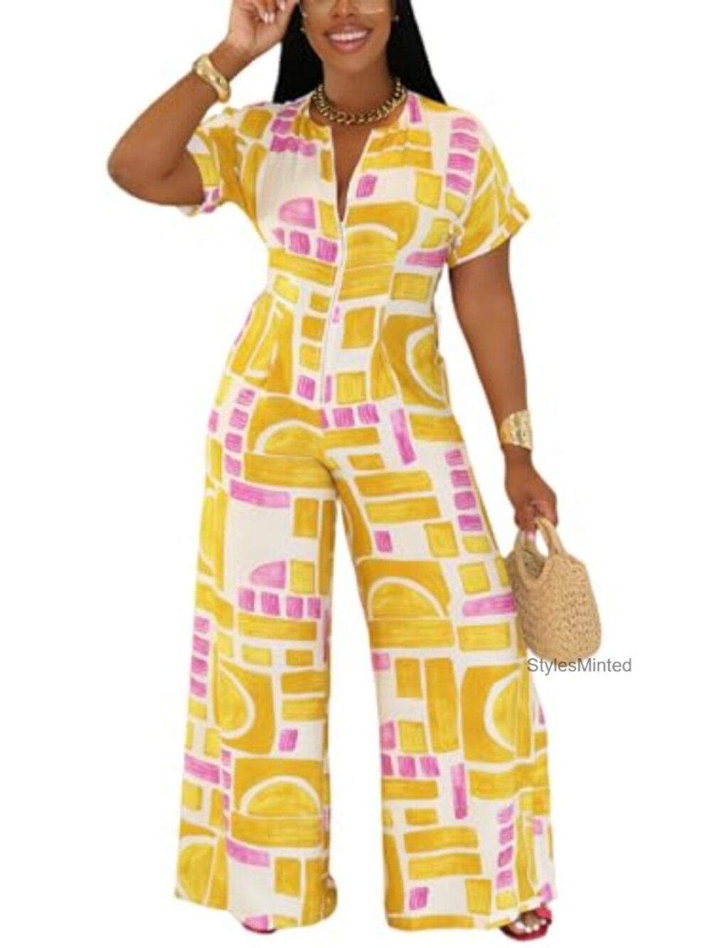 Women's Zip Up Wide Leg Jumpsuit Short Sleeve One Piece Romper
